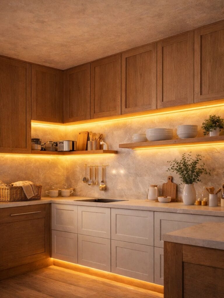Warm LED strip lighting under kitchen cabinets for cozy modern kitchen