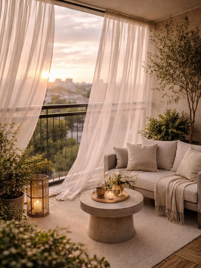 sheer curtains balcony decor ideas 2026 soft elegant outdoor balcony setup with flowing fabric