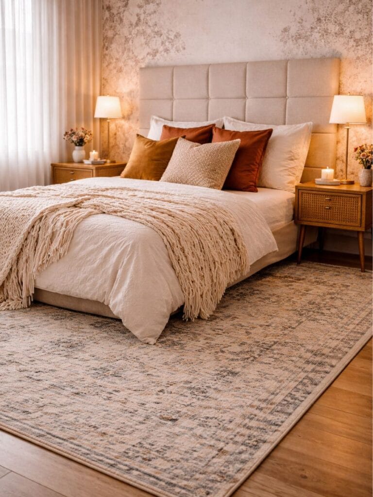 Rental bedroom ideas with large area rug.