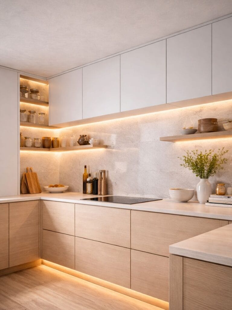Minimalist kitchen with hidden led strip lighting under cabinets