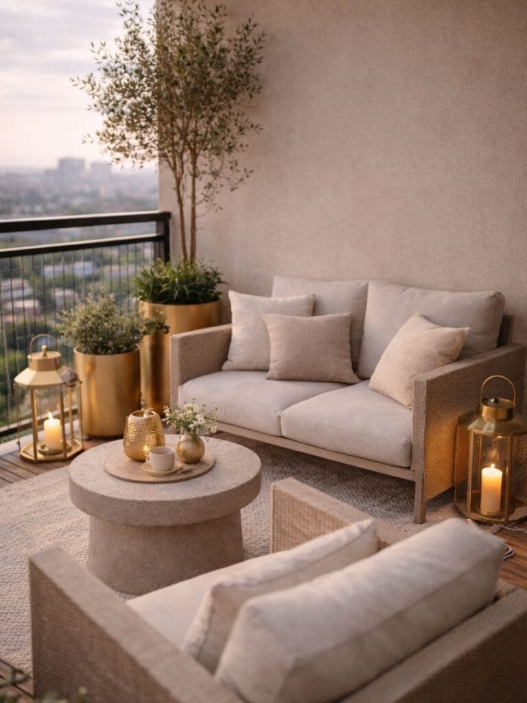 neutral color palette balcony decor ideas 2026 beige white gold metalic accents modern balcony setup