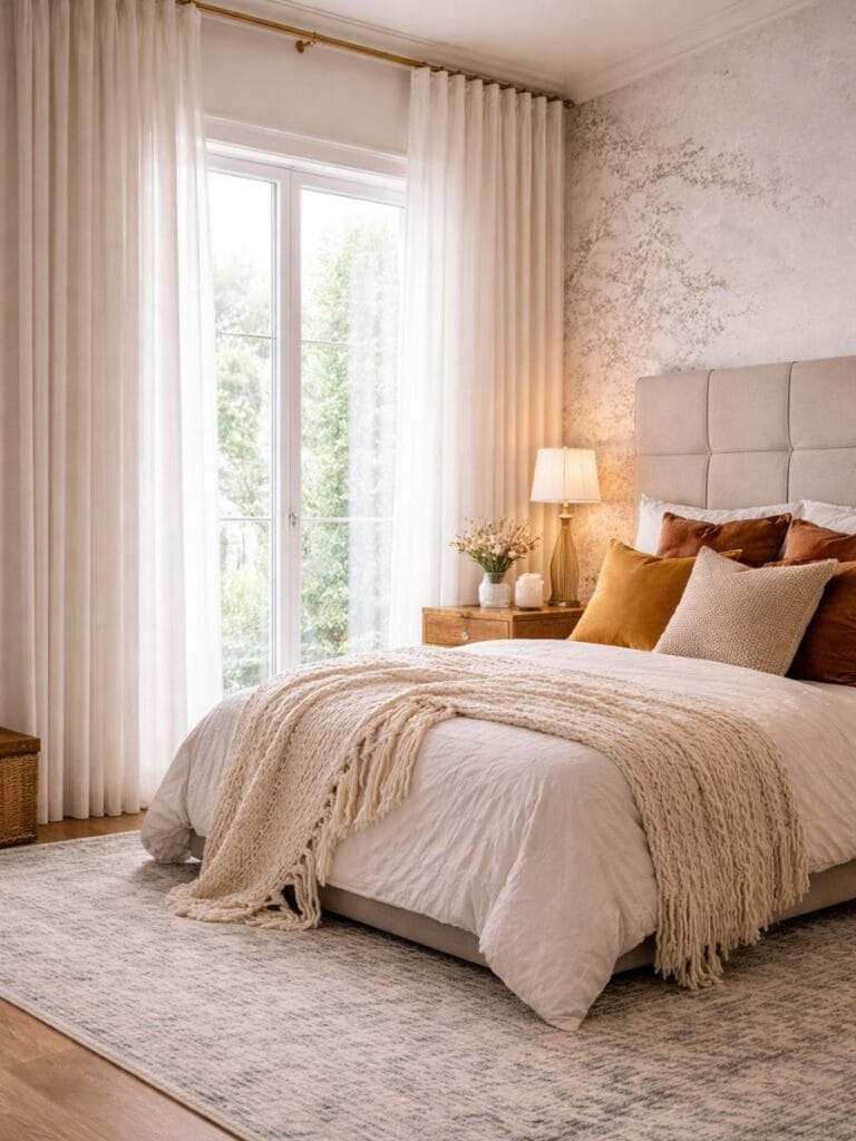 Rental bedroom with high-hung atatement curtains and soft light