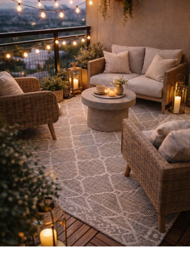 outdoor rugs balcony decor ideas 2026 cozy seating area rug setup small balcony design