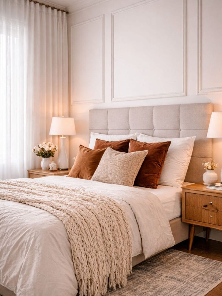 Rental bedroom with peel-and-stick wall molding behind bed