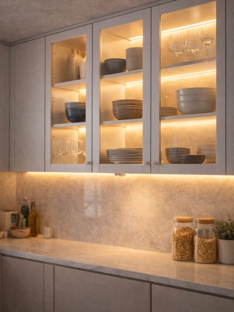 Modern glass cabinet with led strip lighting for kitchen display