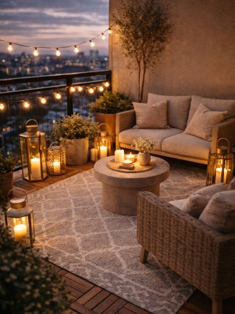 lanterns and candles balcony decor ideas 2026 evening lighting cozy luxury balcony setup