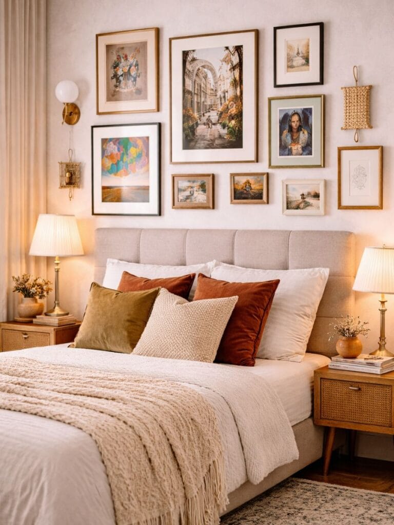 Rental bedroom with damage=free gallery wall above bed