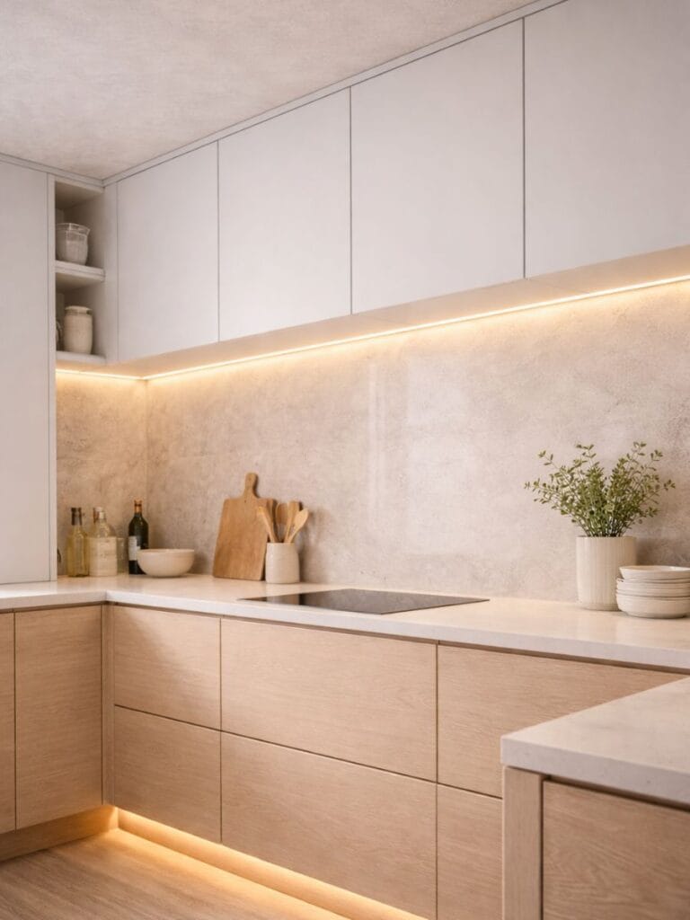 Modern minimalist kitchen with under cabinet led strip lighting 