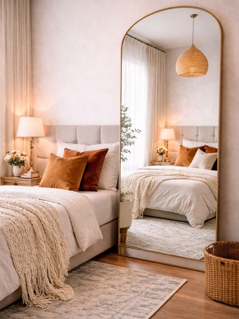 Rental bedroom with large leaning mirror for added depth