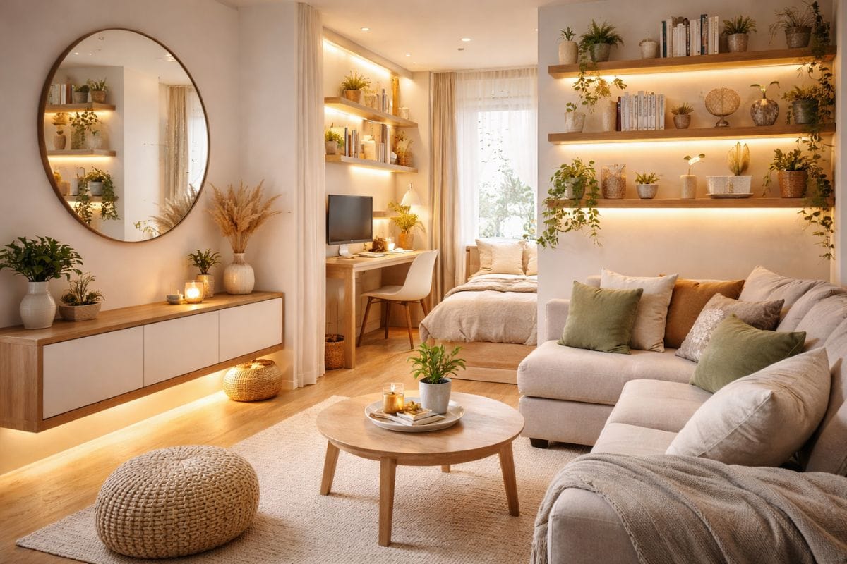 small room hacks with smart storage lighting and modern decor