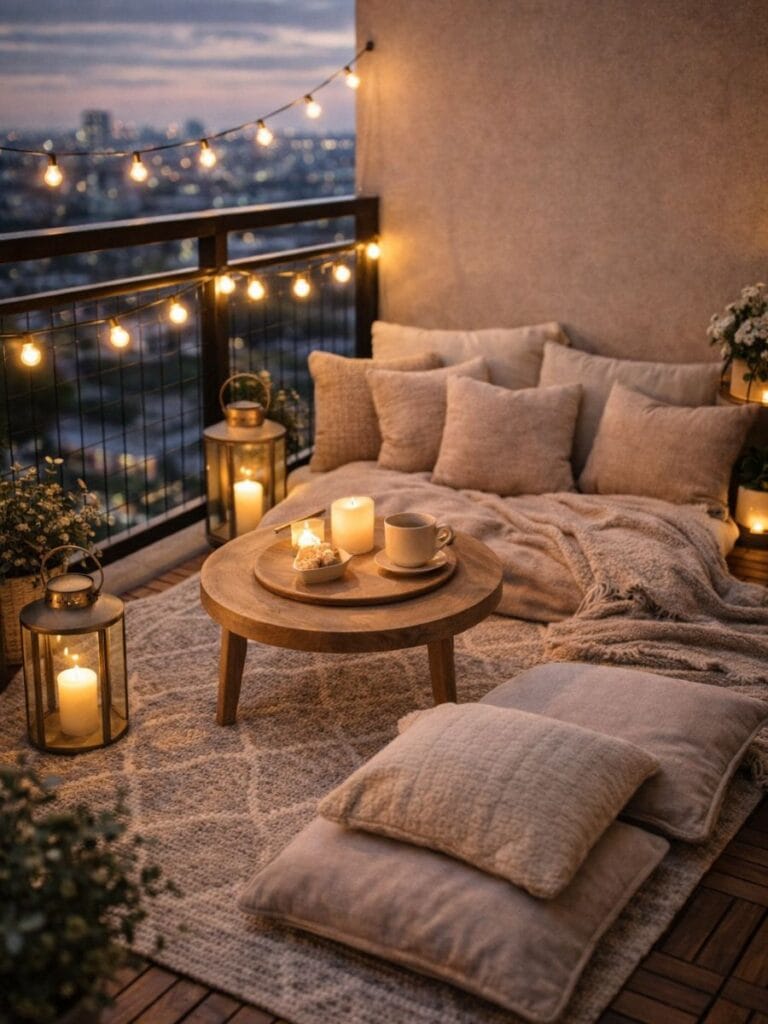 cozy floor seating balcony decor ideas 2026 small balcony cushions low table cozy setup