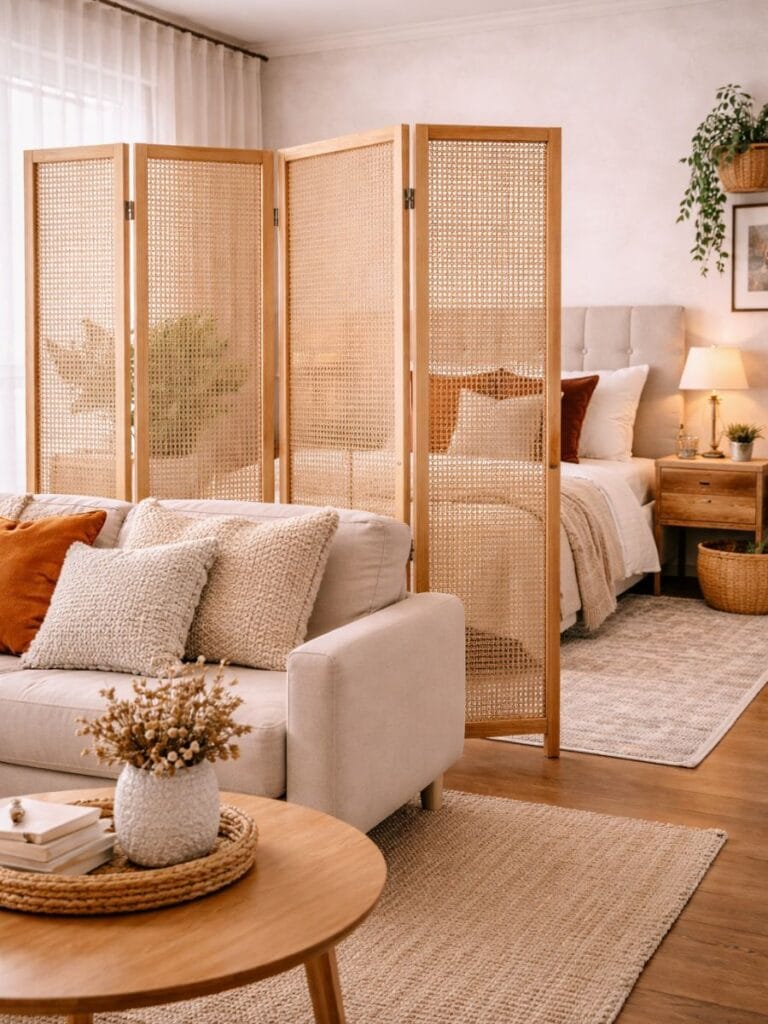 Rental bedroom using decorative screen as flexible divider