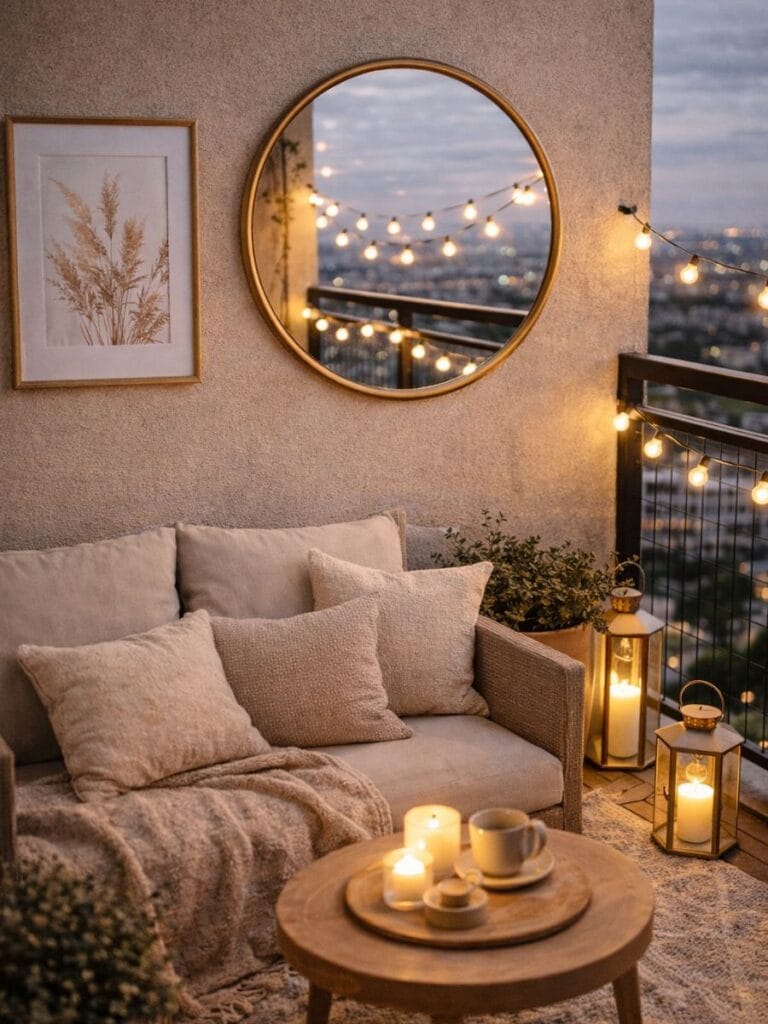 balcony decor ideas 2026 mirror wall art small balcony lighting aesthetic setup