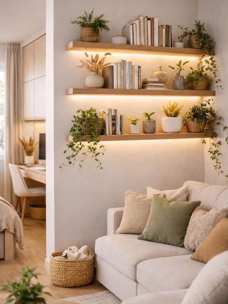 Floating room hacks using shelves for more space