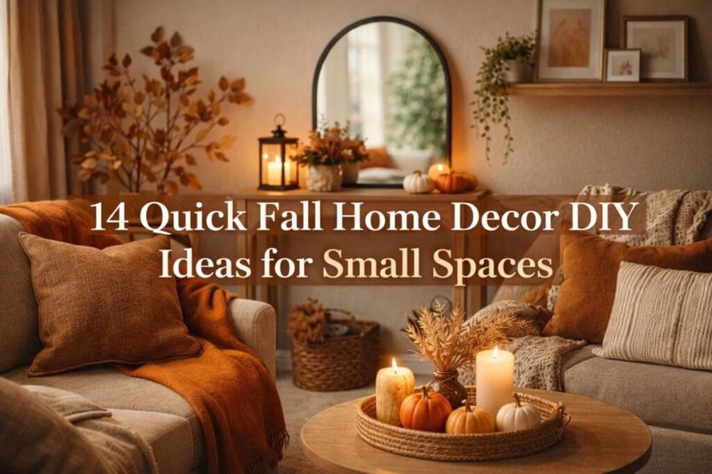 Cozy small living room with fall home decor diy, pumpkins, candles, and warm autumn accents.