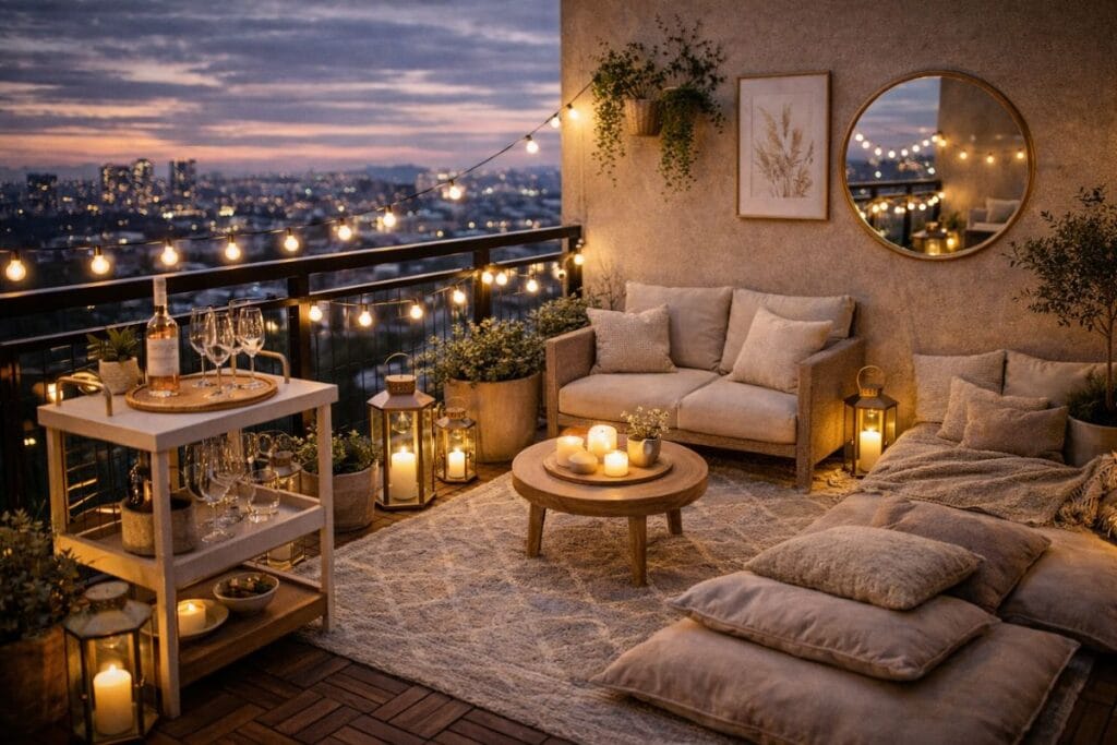 balcony decor ideas 2026 cozy luxury small balcony setup with lights seatig plants and rug