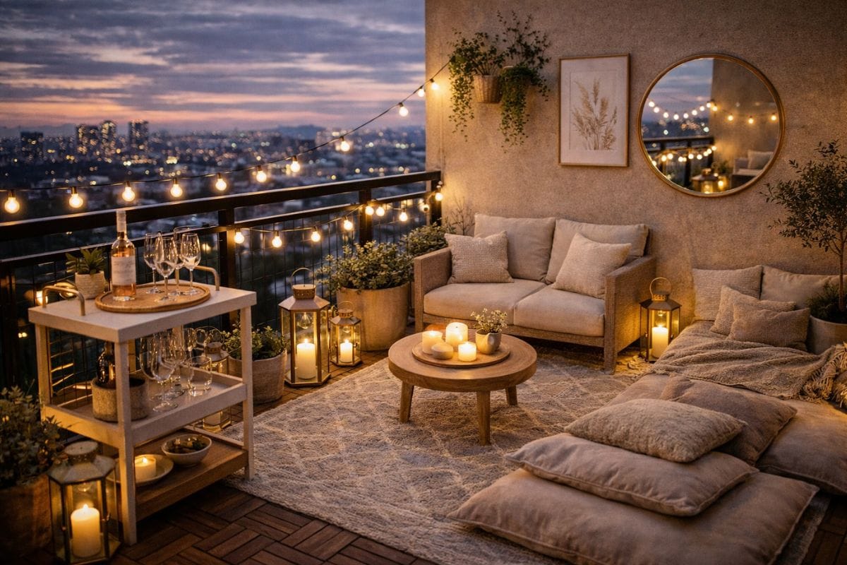 balcony decor ideas 2026 cozy luxury small balcony setup with lights seatig plants and rug