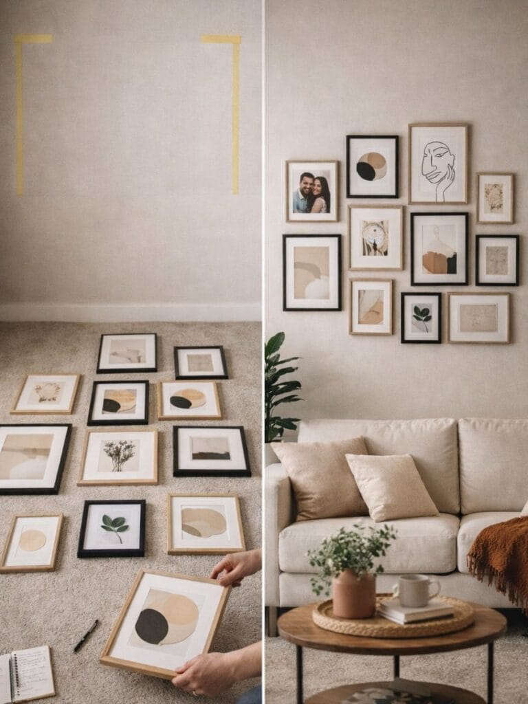gallery wall layout before and after modern wall decor 