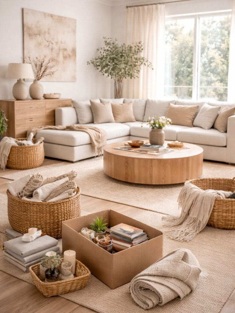 Simple clean home decor living room after decluttering with neutral sofa, clear surfaces and soft natural light