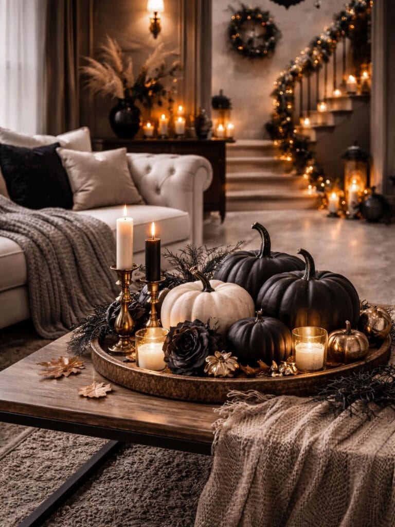 Neutral Palette Halloween Home Decor with black and ivory pumpkins styling 