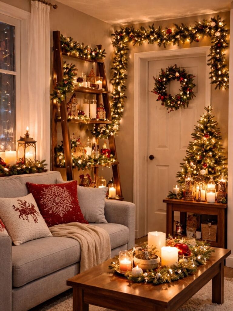 Vertical Christmas decor in small living room 