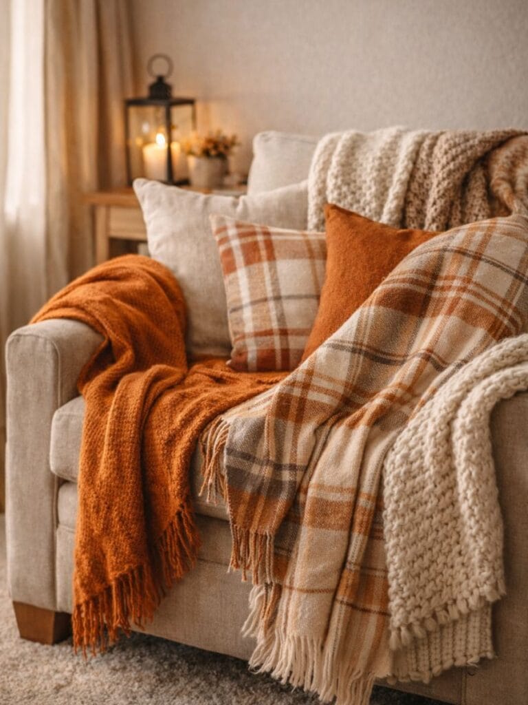 Cozy throw blankets in warm fall colors styled on a small living room sofa 