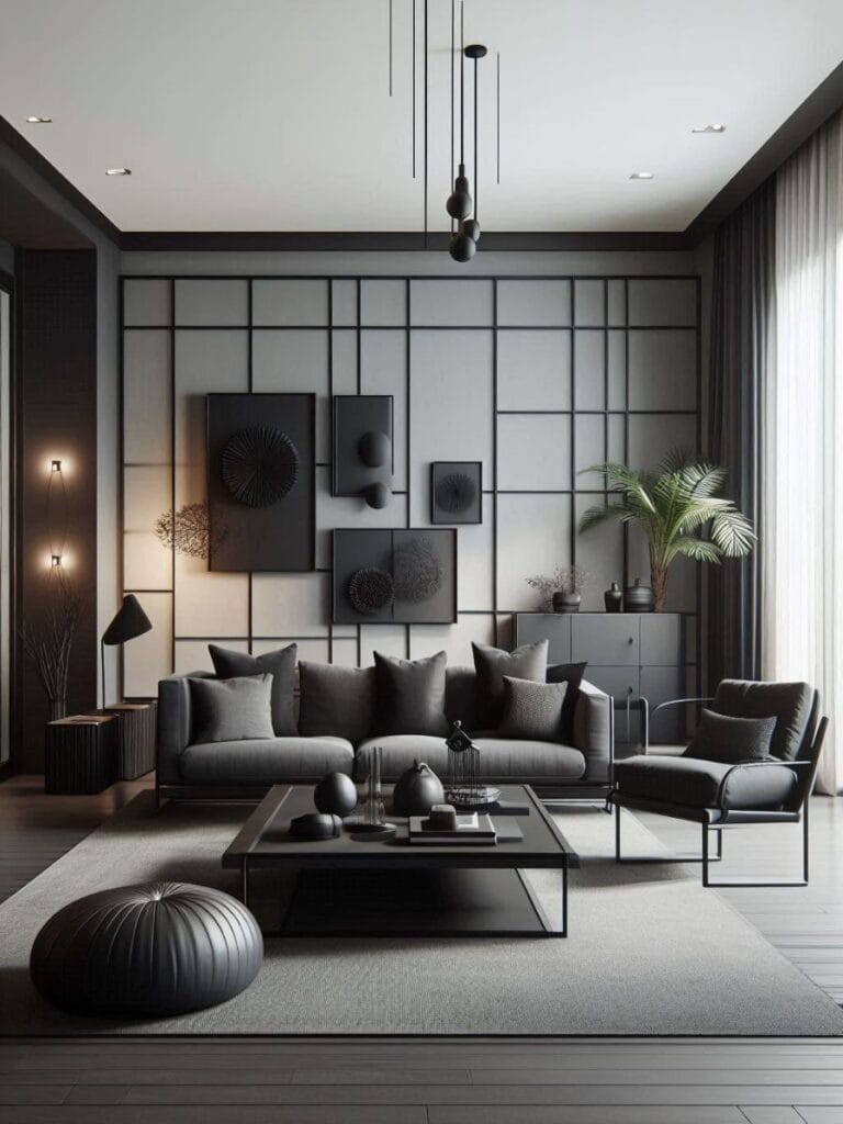 modern living room design ideas using dark accents to create contrast and depth
