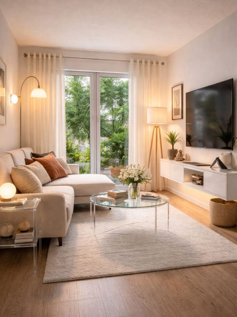 Small living room ideas 2026 layered lighting modern small space