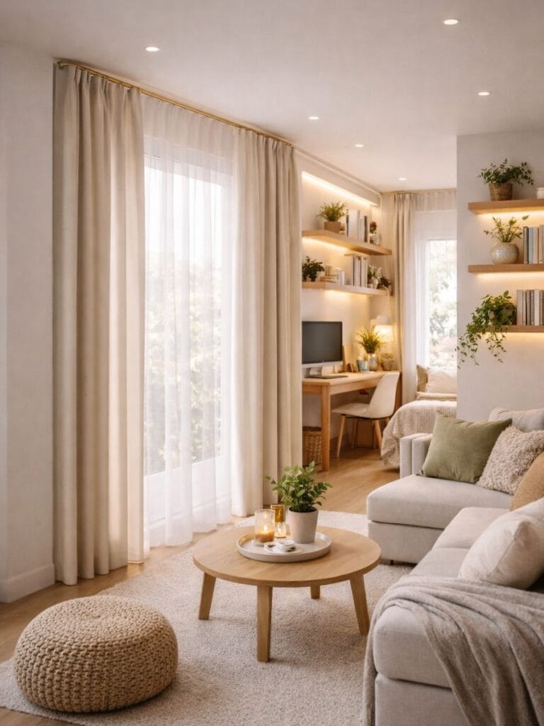 Small room hacks using curtains to make ceiling look higher