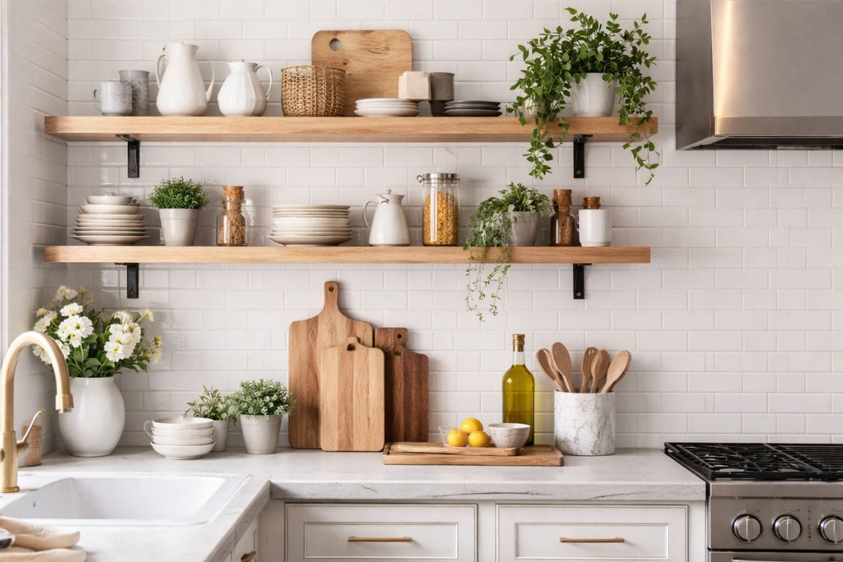 floating shelf decor kitchen with plants jars and wooden shelves