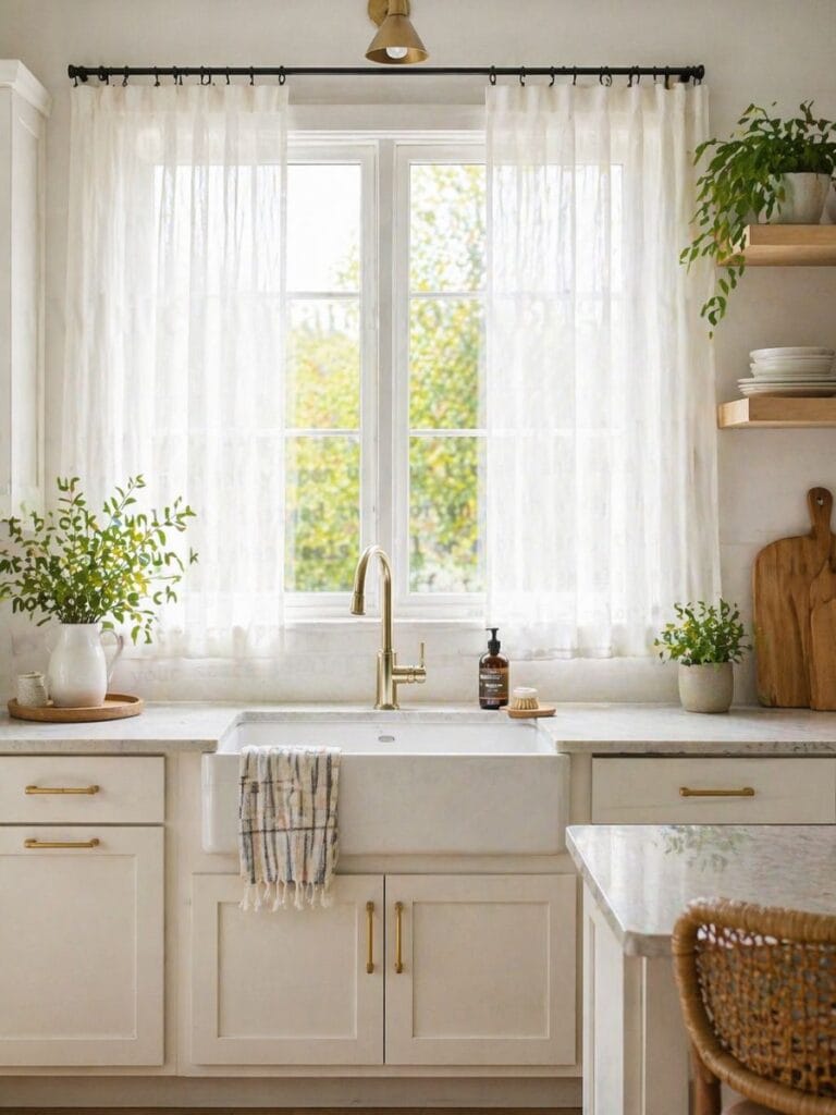 sheer white kitchen curtains in a bright modern kitchen 