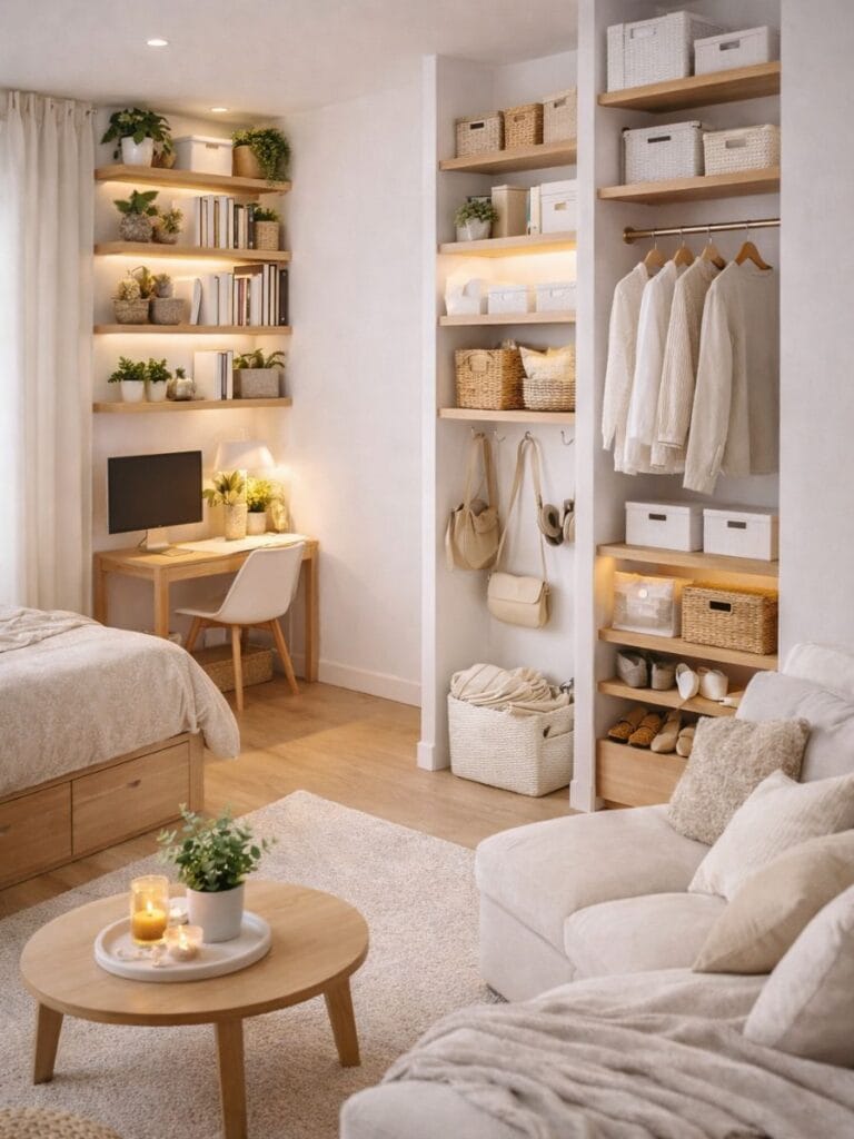 Small room hacks using vertical wall storage ideas