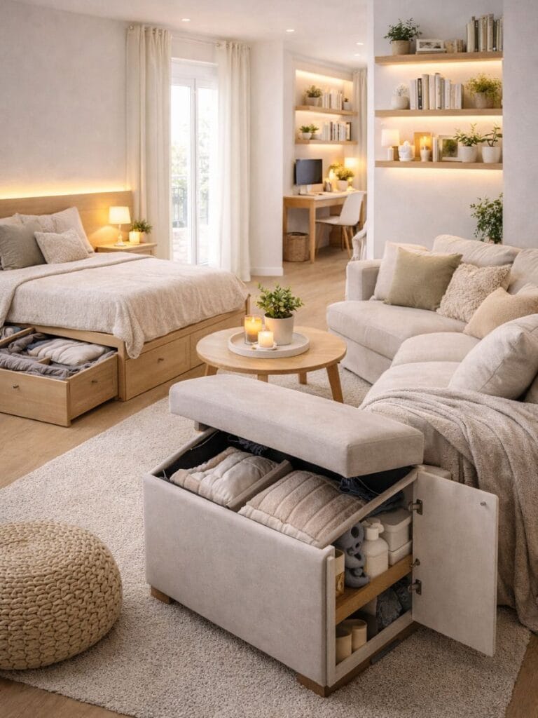 Small room hacks using hidden storage to reduce clutter