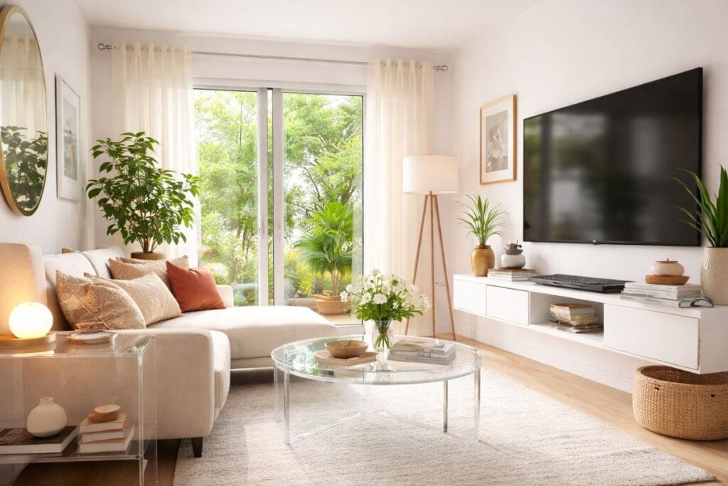 Small living room ideas 2026 modern minimalist living room with natural light