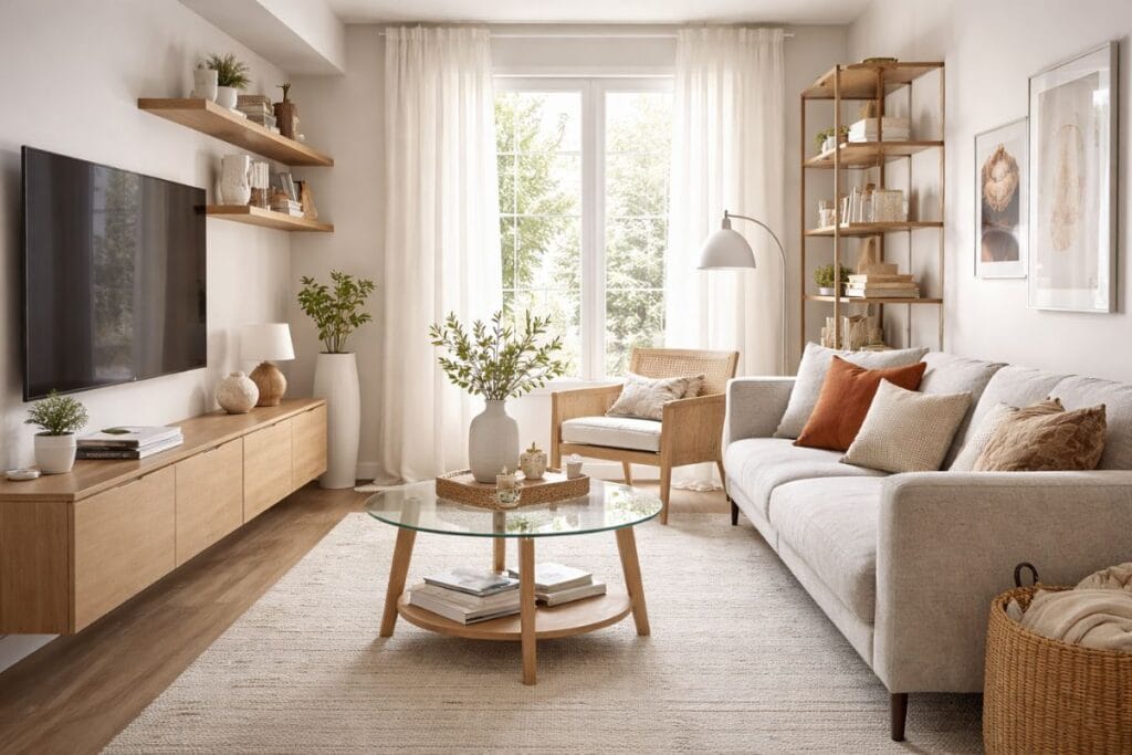 modern small living room with space-saving furniture and natural light