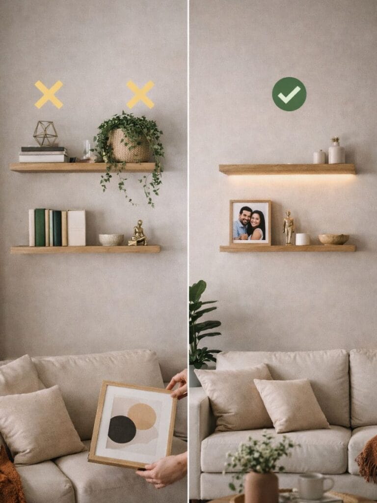 floating shelves styling before and after modern decor 