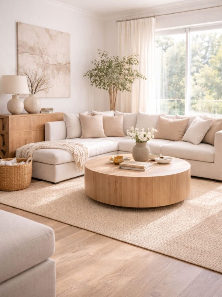 Neutral color simple clean home decor living room with beige sectional sofa and warm natural tones