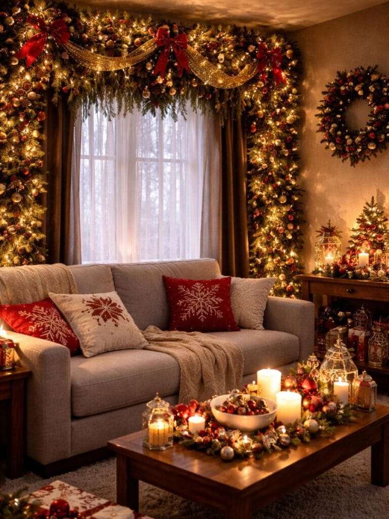 Heavy holiday decor covering window in small living room 