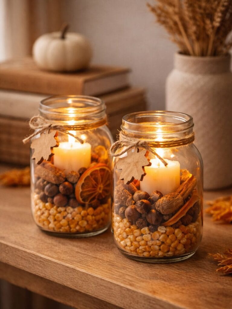DIY mason jar candle decor with corn, acorns, and cinnamon for soft fall glow