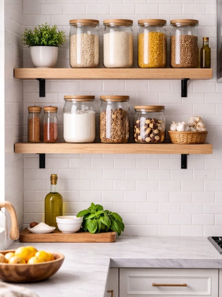 Glass storage jars styled on floating kitchen sheves 