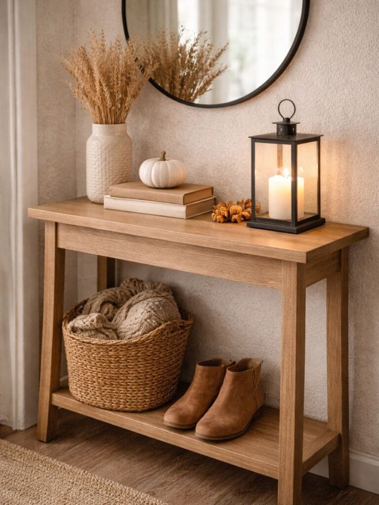 Small entryway fall syling with cosole table, mirror, pumpkinn and lantern 