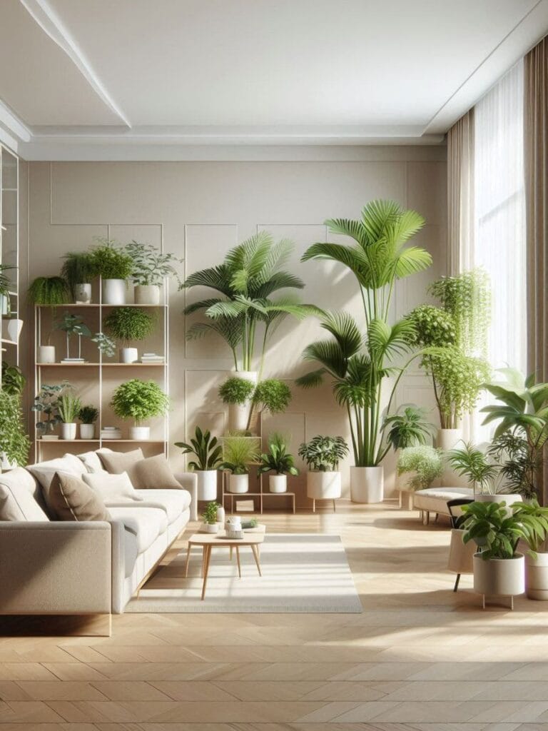modern living room design ideas featuring greenery and indoor plants