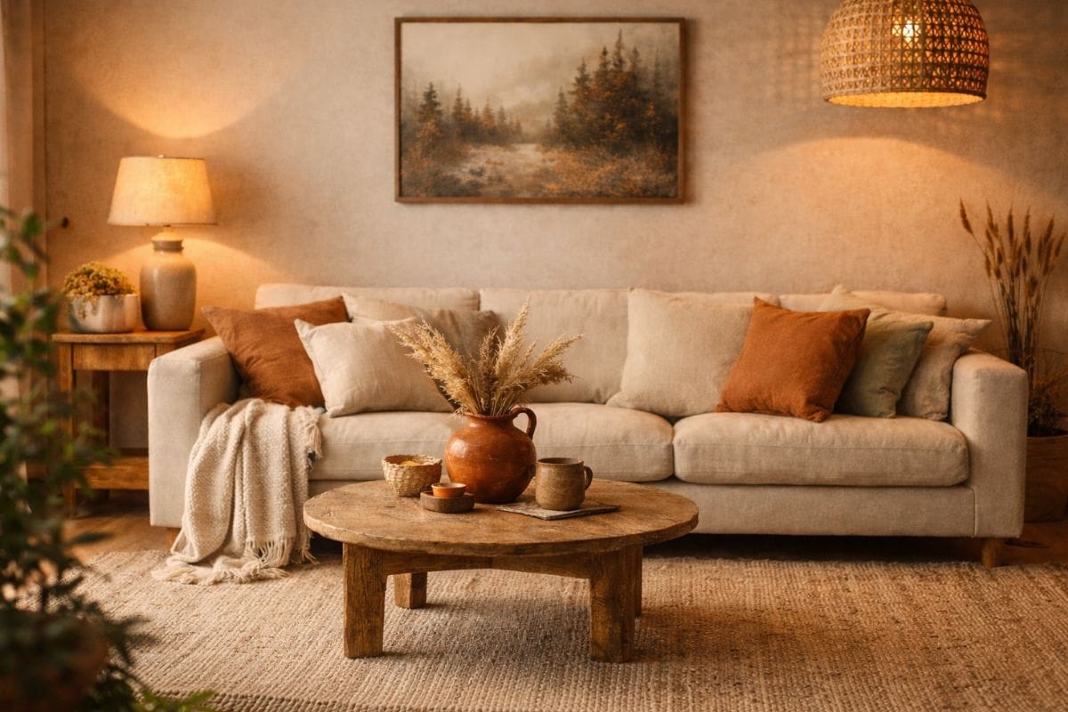 Earthy home interior living room with warm tones and natural decor
