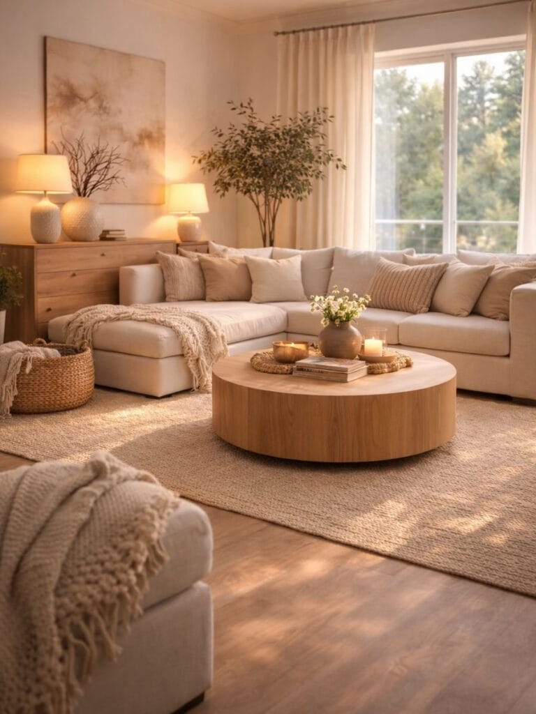 Warm layered lighting simple clean home decor living room 