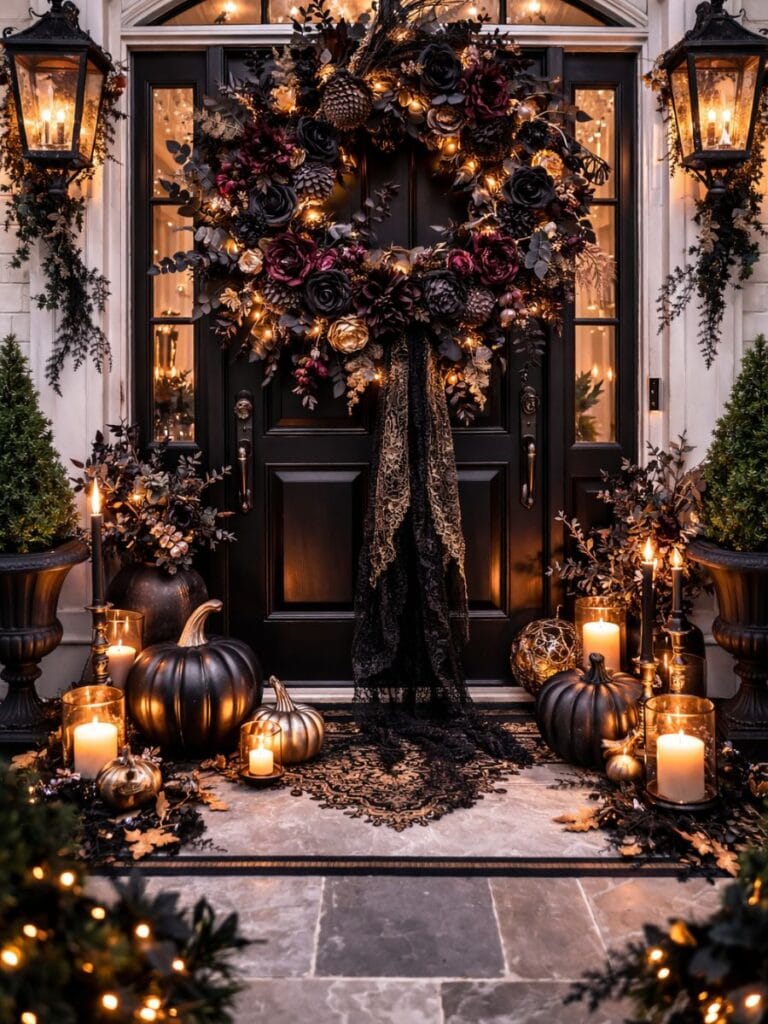 Oversized wreath with dark florals for dramatic halloween home decor styling 
