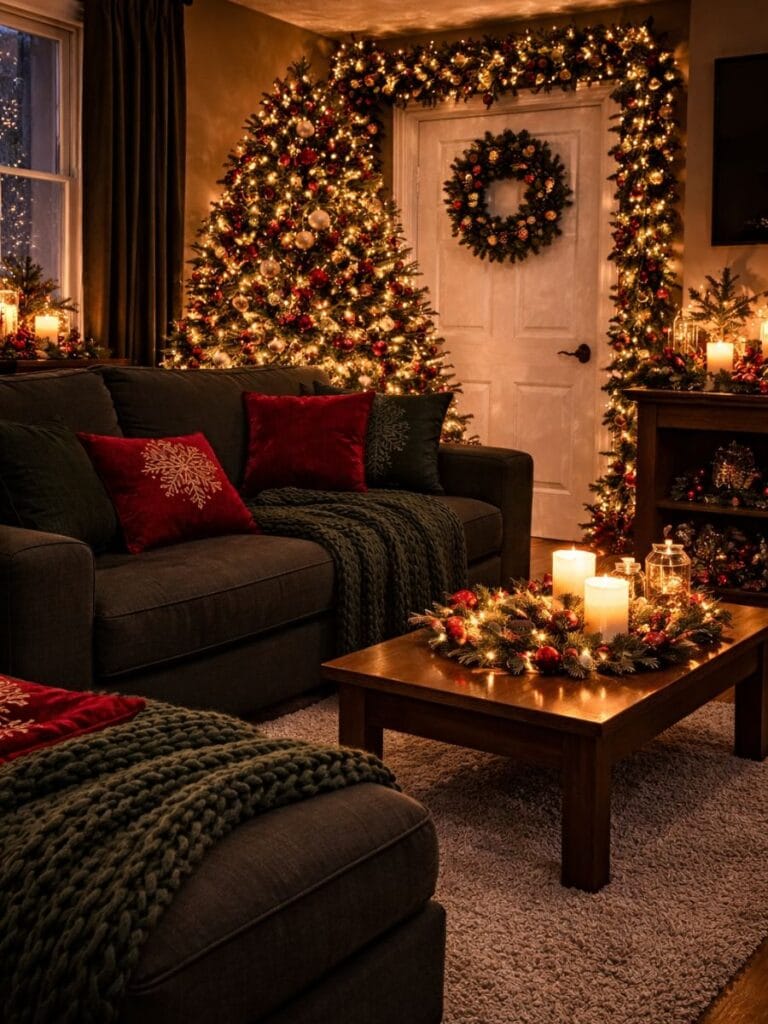 Heavy dark color scheme in small christmas living room 