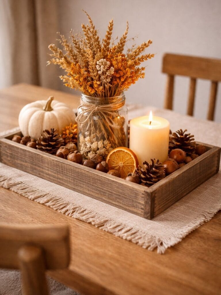 Rustic tray centerpiece for compact dining table with pumpkin candle , and dried flower