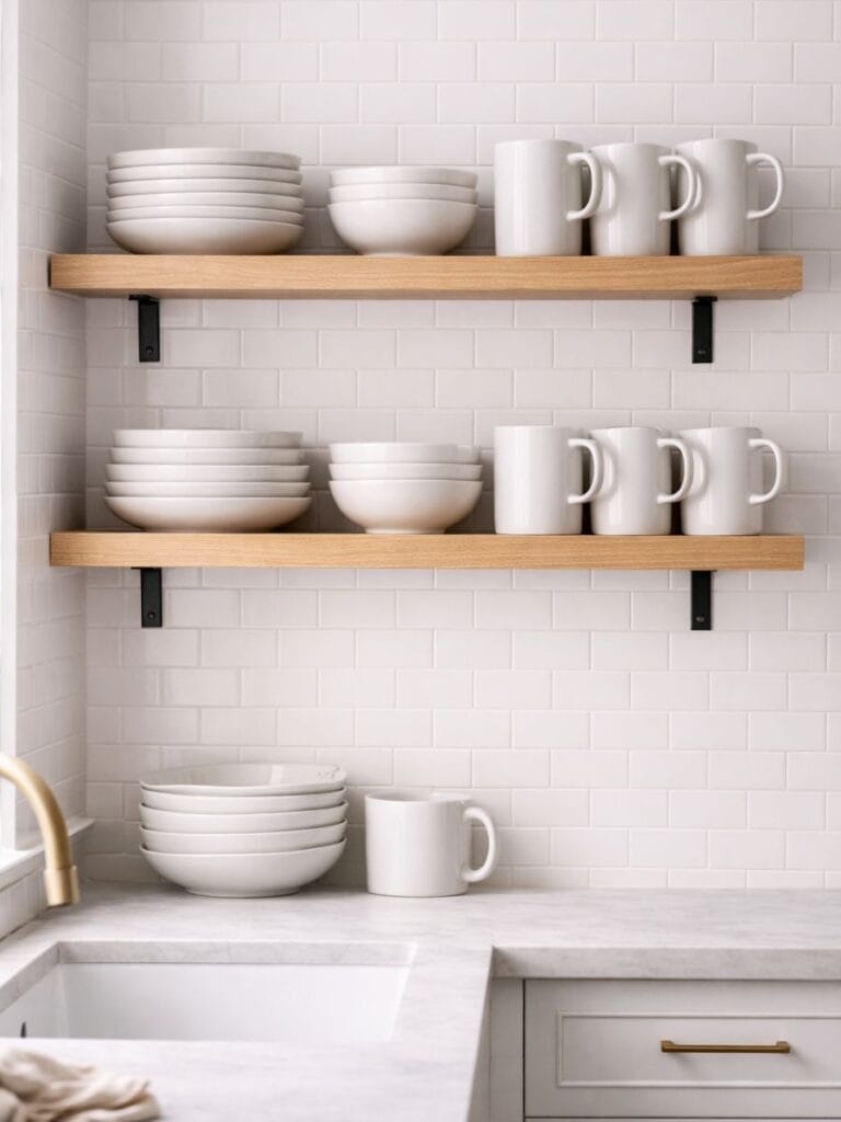 Matching dish sets styled on kitchen floating shelves 