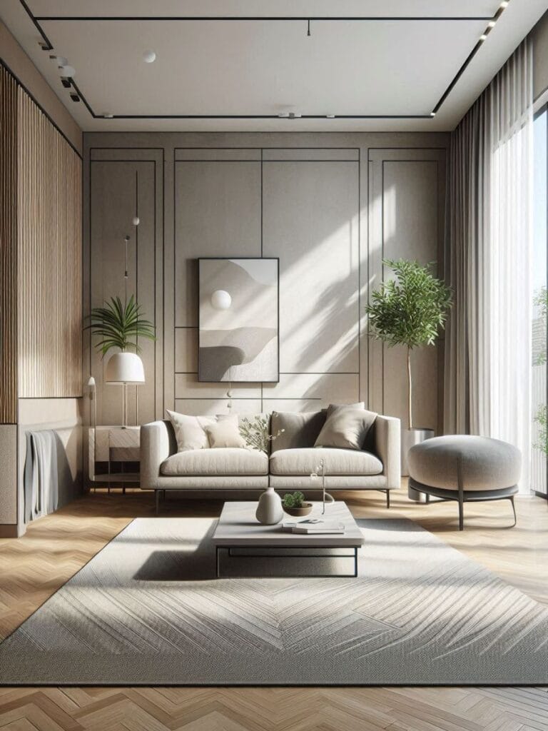 modern living room with a large area rug defining the seating space