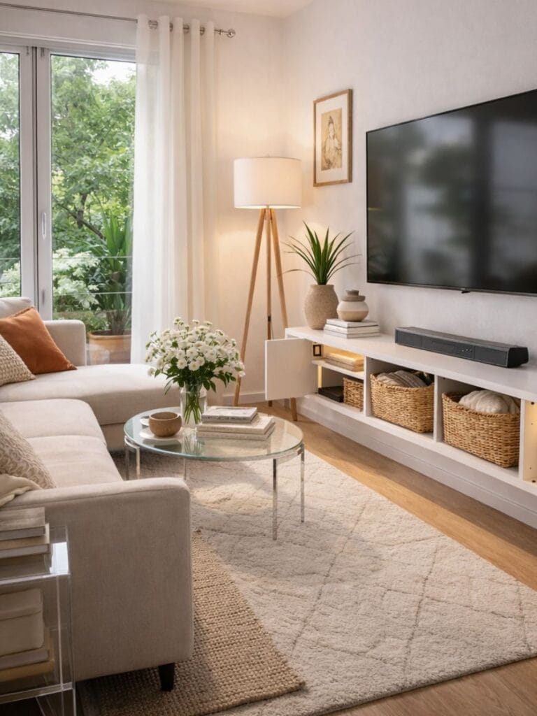 Small Living room ideas 2026 hidden storage modern minimalist space